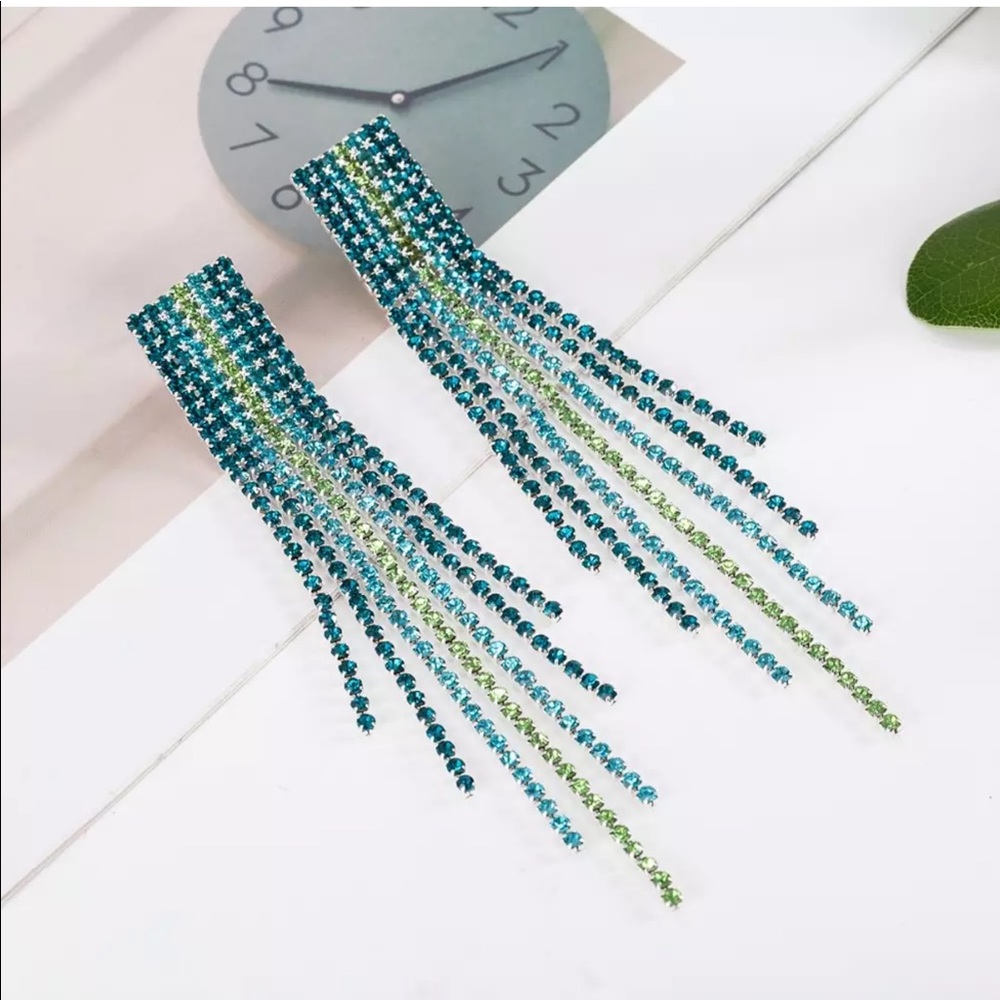🆕 Art Deco 14k Aqua Light Green CZ Fringe Dangle Earrings NWT